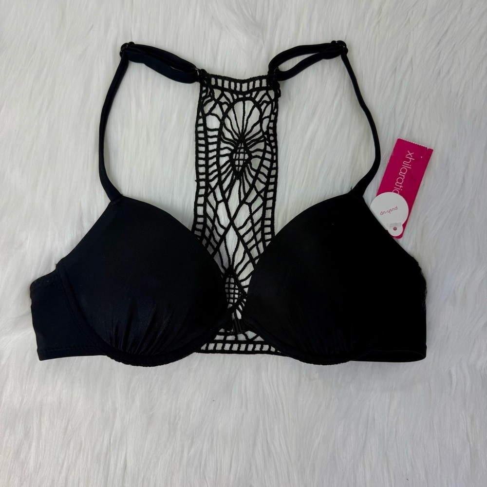 NWT Xhilaration Target Black Bikini Top Racerback Crochet Push Up Padded Swim